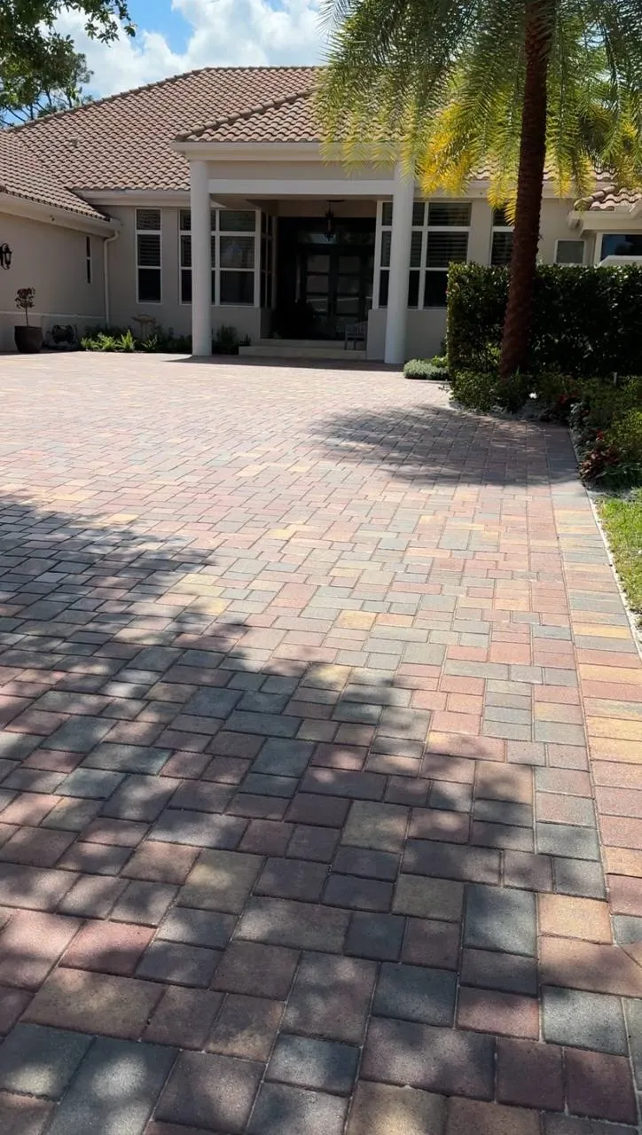 Multicolour paver driveway clean, sand, tint and seal, before