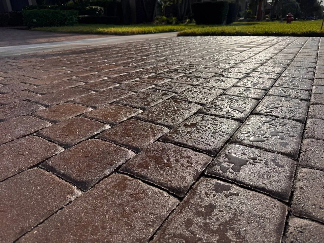 Sealed paver driveway with water beading